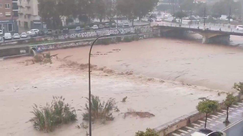 Heavy rainfall has triggered flooding in Malaga, Spain. Public transportation service in Malaga was suspended Wednesday due to the flooding. 