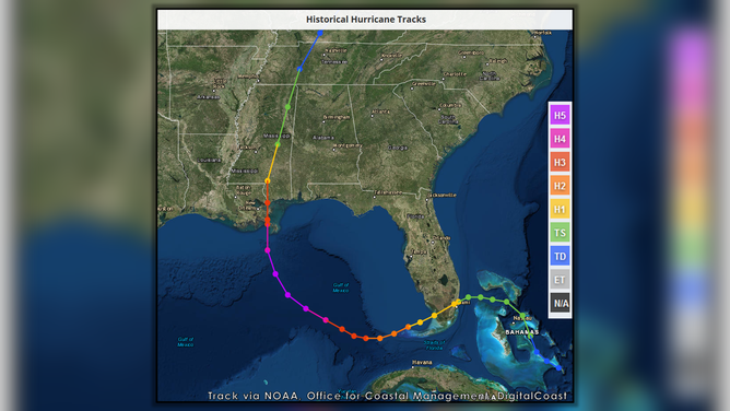 The historical hurricane track of Katrina in 2005.